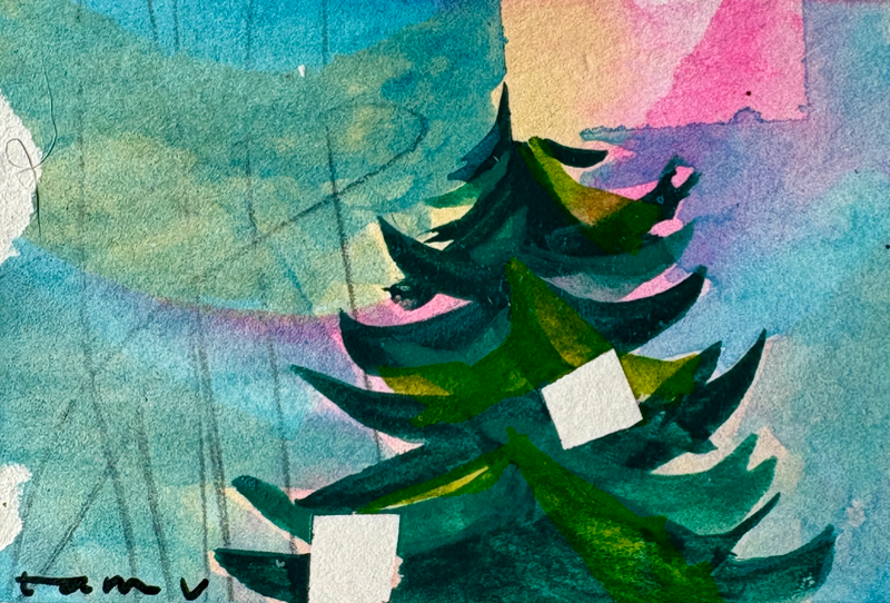 Soft Break Reveals Clouds of Pink... A Pine Tree art + story aceo art card