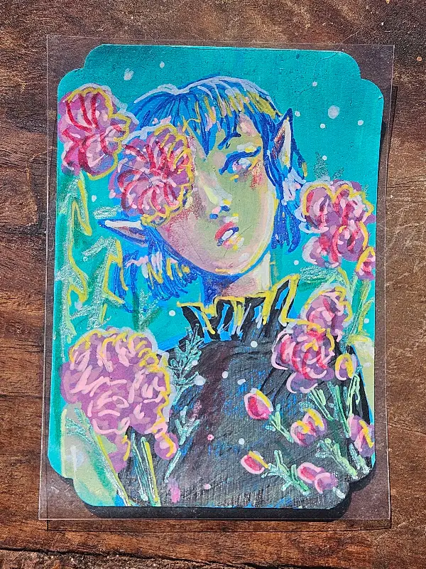 Pink Flowers, Pink Lips aceo art card
