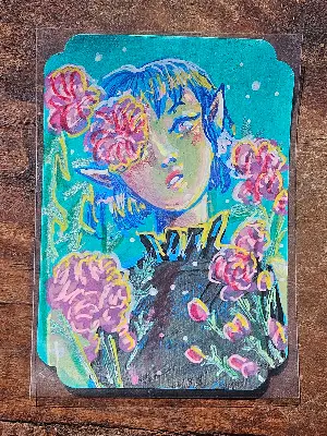 Pink Flowers, Pink Lips aceo art card thumbnail 1