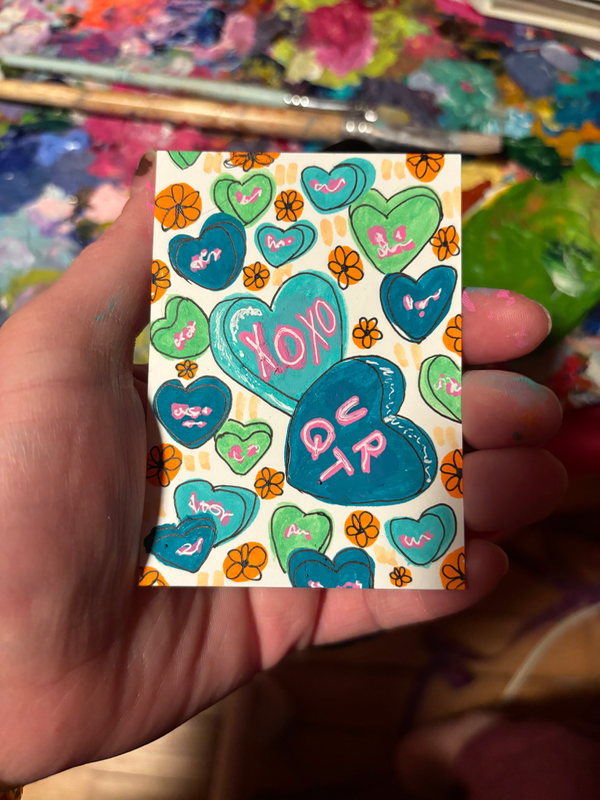 Whimsical Valentine’s Day conversation heart ACEO aceo art card