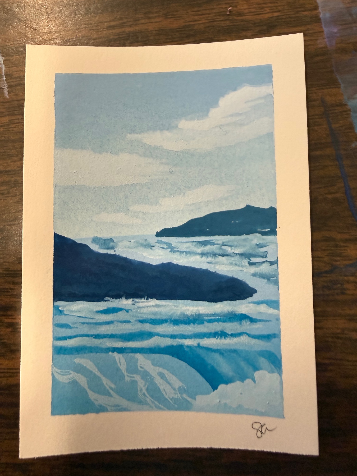 Original Painting in Gouache Blue Surf aceo art card