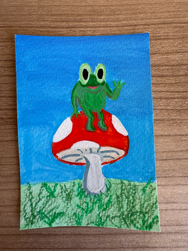Frog Sitting On Toadstool aceo art card