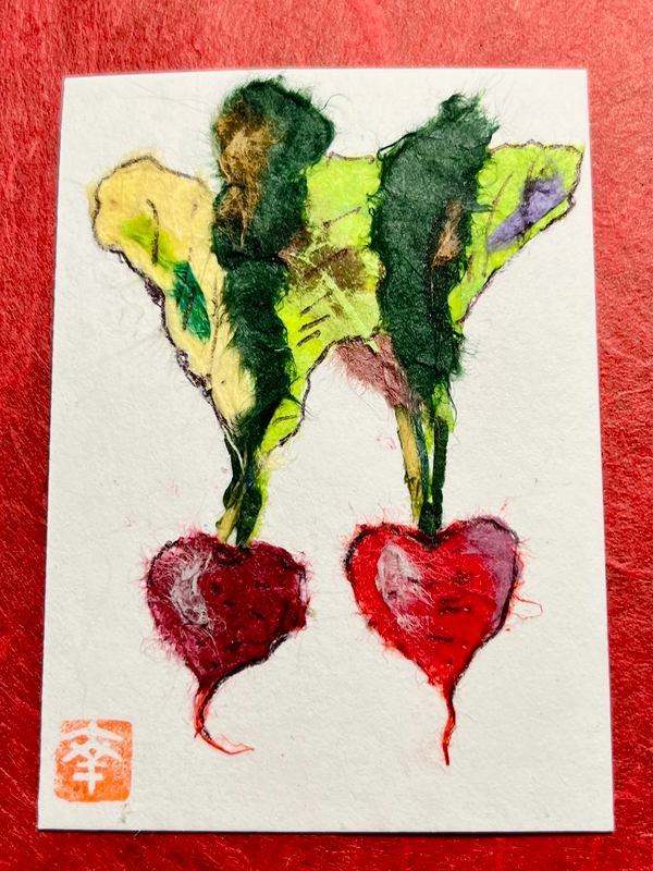 Japanese Washi art - Red radishes aceo art card