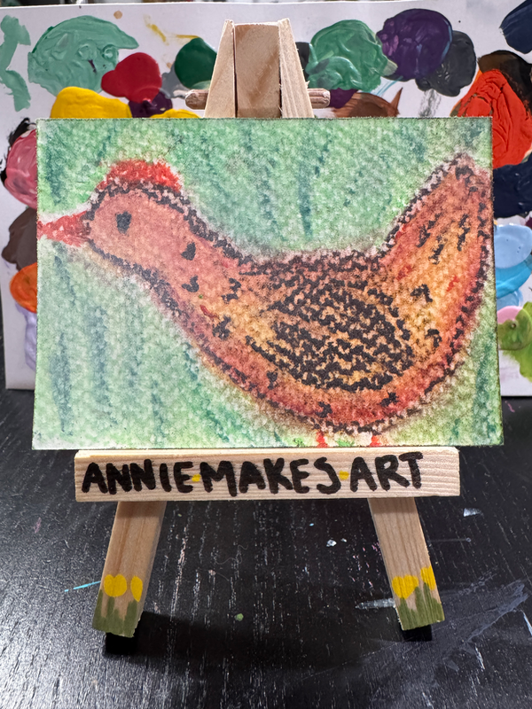 Orange Brown Chicken on Green aceo art card
