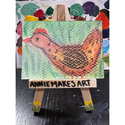 Orange Brown Chicken on Green aceo art card thumbnail 1
