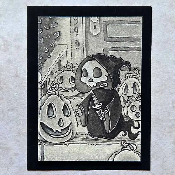 Pumpkin Carving Reaper aceo art card