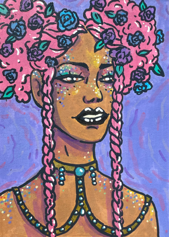 The Pink Haired Flower Girl aceo art card