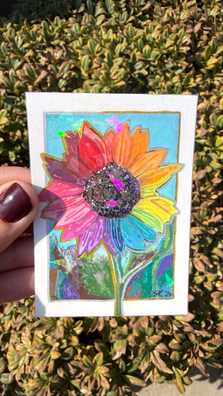 Rainbow Sunflower Holographic aceo art card