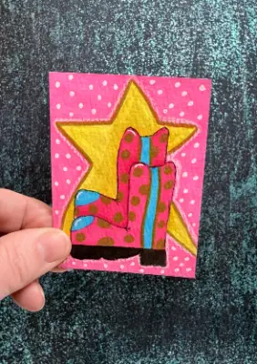 Original ACEO Art Fun and Funky Disco Boots Bright Art Acrylic/Ink Mini 2.5x3.5 aceo art card thumbnail 1