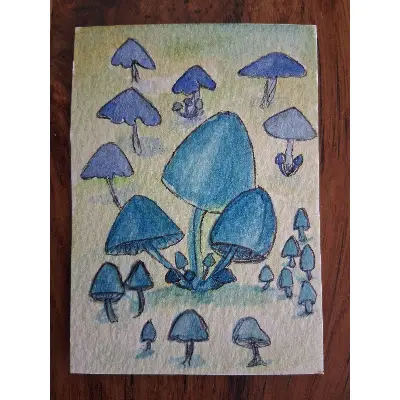 blue shrooms aceo art card thumbnail 2