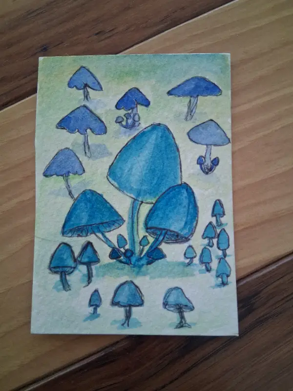 blue shrooms aceo art card