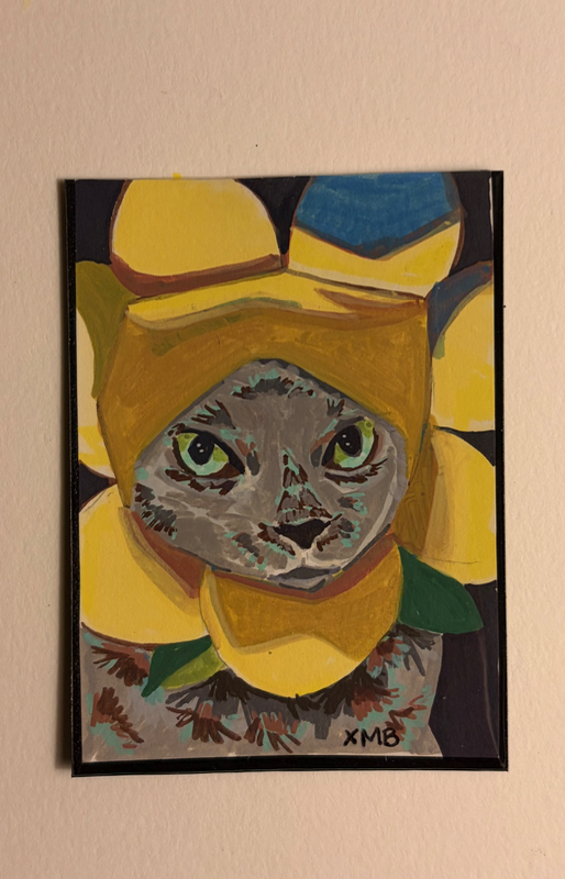 ACEO Silly Cat With Sunflower Hat Original Art Card 2.5 x 3.5 aceo art card