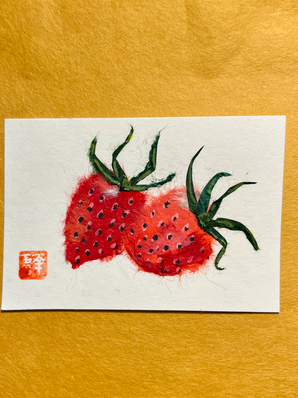 Strawberries x2- Japanese Washi art aceo art card