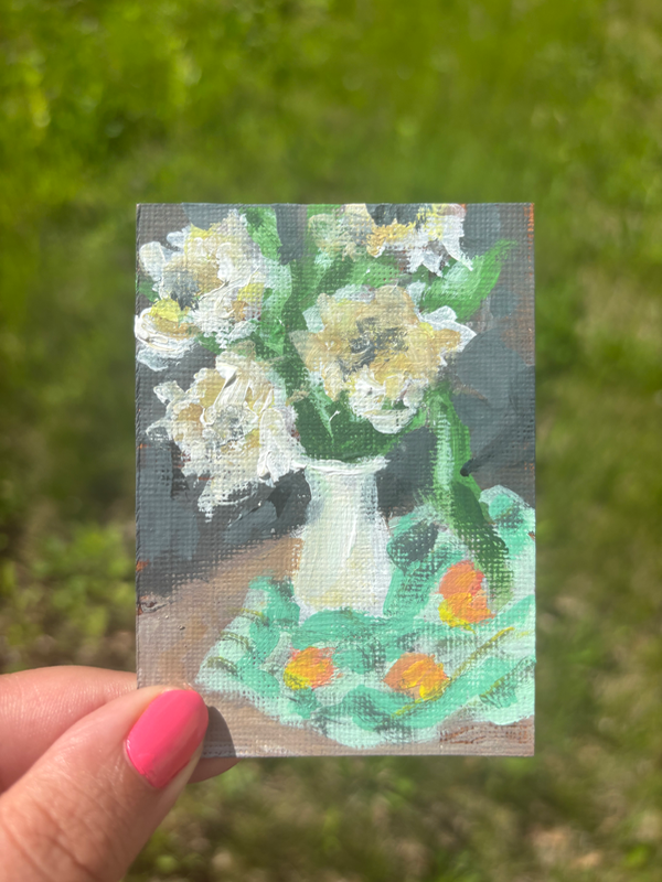 “Can You Hear Me?” Acrylic Flower In Vase Still Life aceo art card