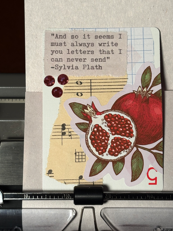 Fruit Quote Card #239 collage by Mazerzine pomegranate Sylvia Plath aceo art card