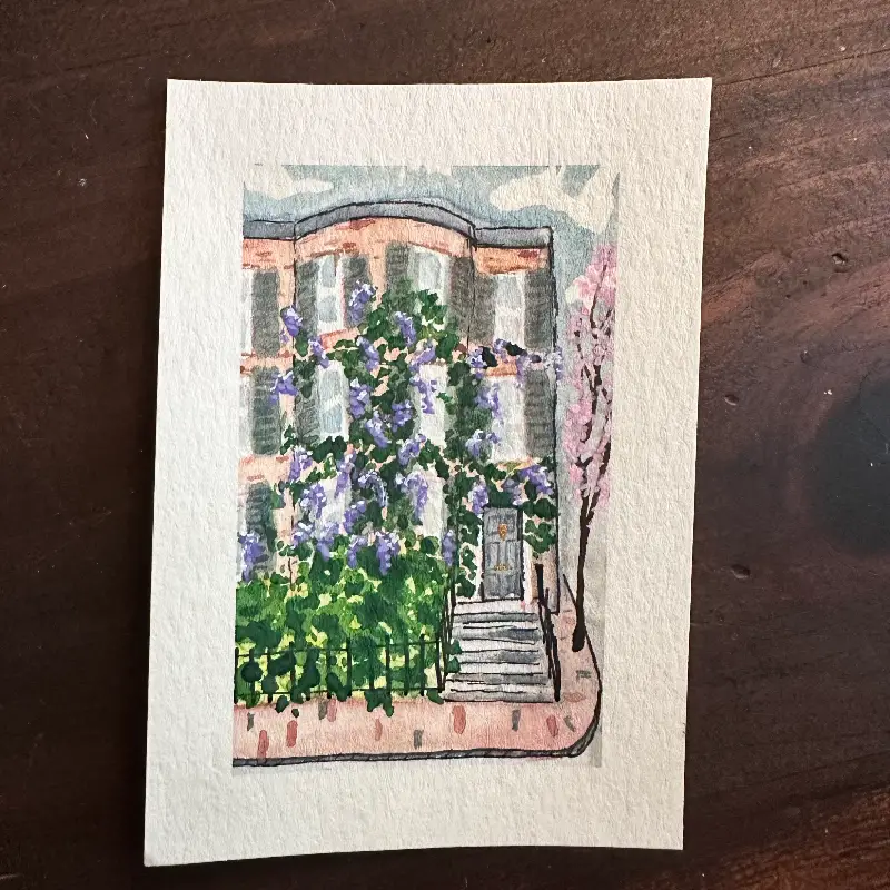 Boston Architecture - Beacon Hill Brownstown with vines and flowers aceo art card