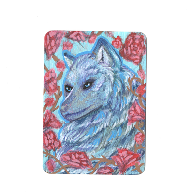 Blue Wolf and Red Roses aceo art card thumbnail 2