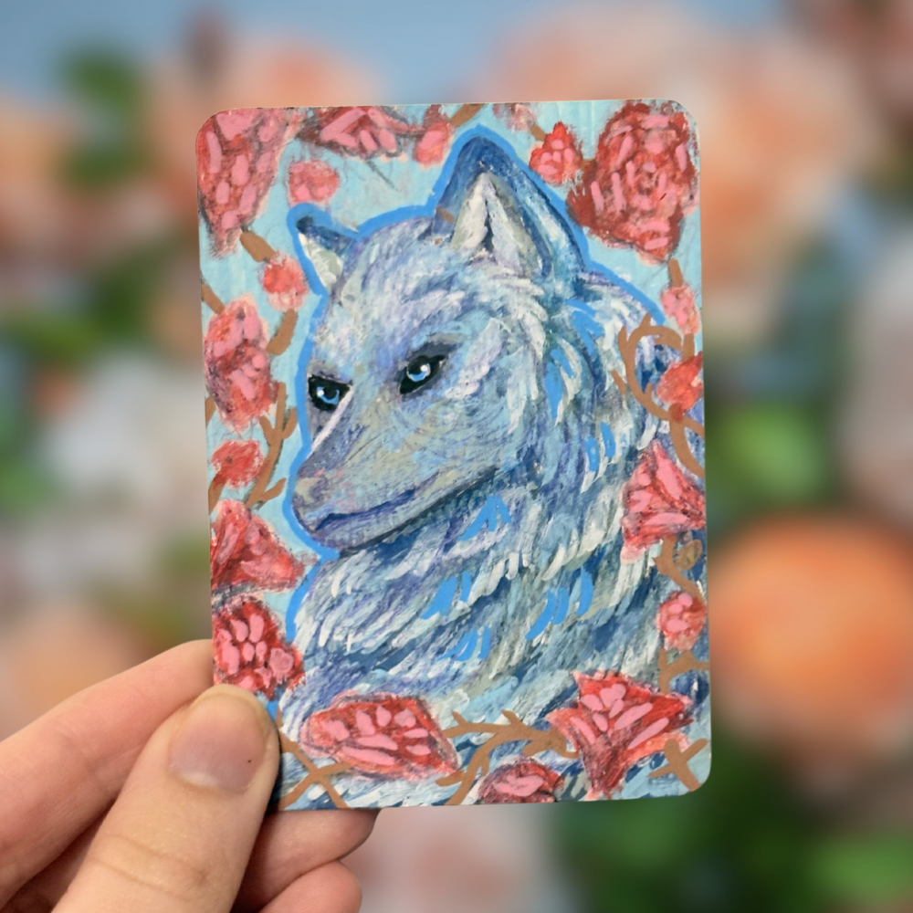 Blue Wolf and Red Roses aceo art card
