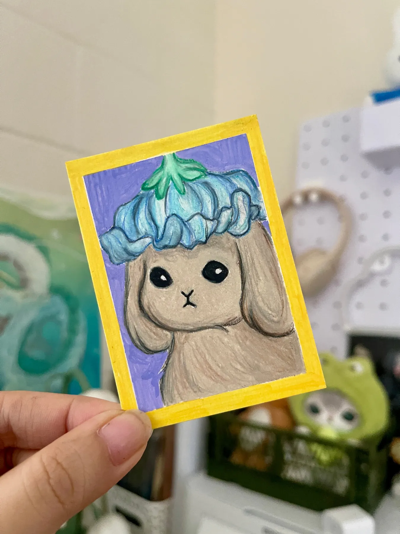 Bunny with Flower Hat aceo art card