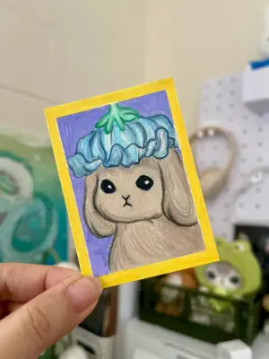 Bunny with Flower Hat aceo art card thumbnail 1