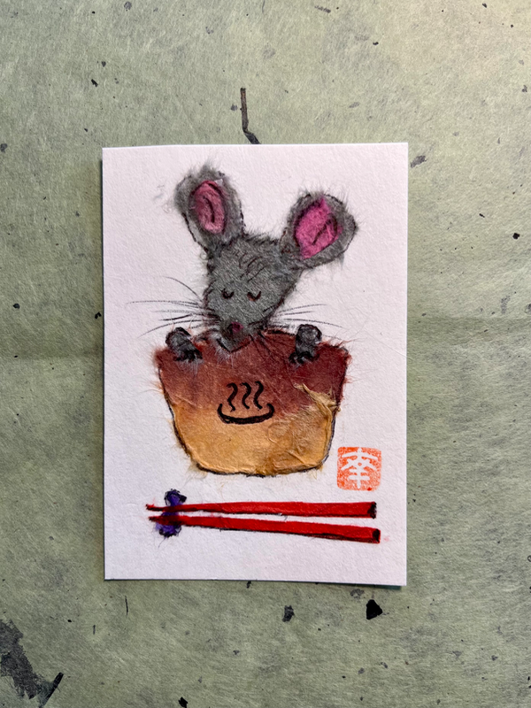 Japanese Washi art - a mouse in noodle soup ! aceo art card