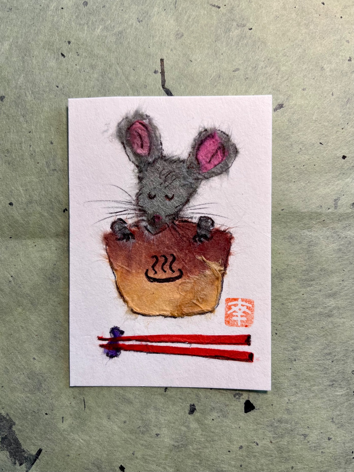 Japanese Washi art - a mouse in noodle soup ! aceo art card