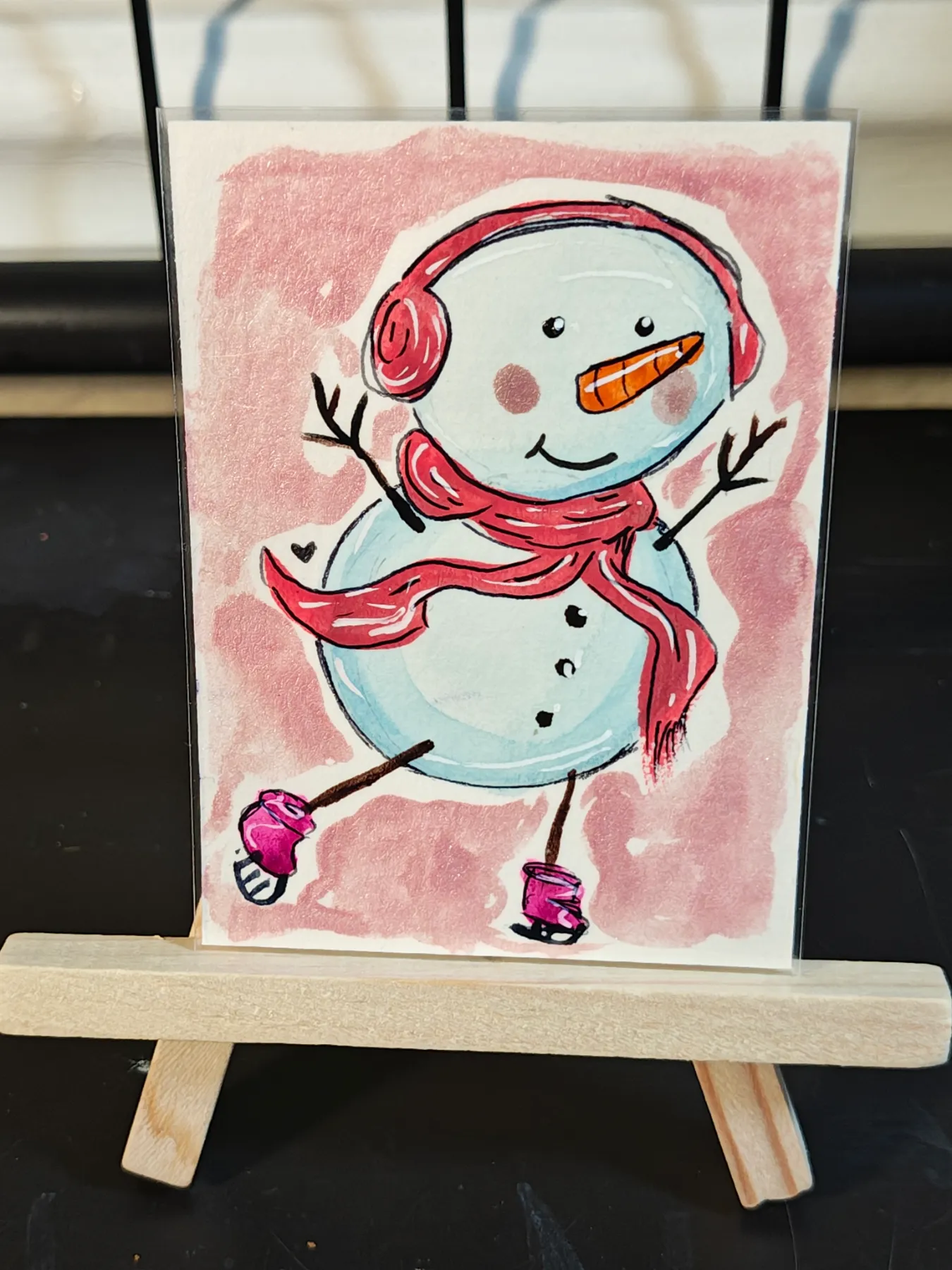 ACEO Dancing SnowFriend Red scarf with earmuffs original by Jazmin aceo art card