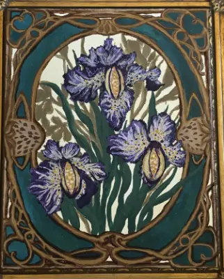 Art Nouveau Purple/Blue Iris Flowers w Gold Frame 2.5x3.5 in. PRINT SIGNED aceo art card thumbnail 1