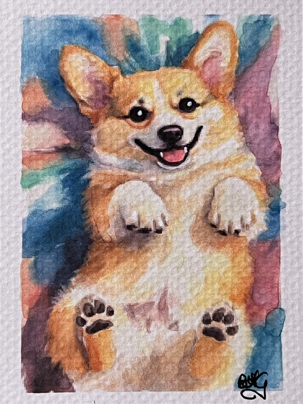 Rub My Belly Corgi aceo art card