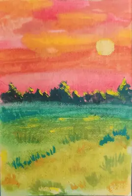 Sunset on the field aceo art card thumbnail 1