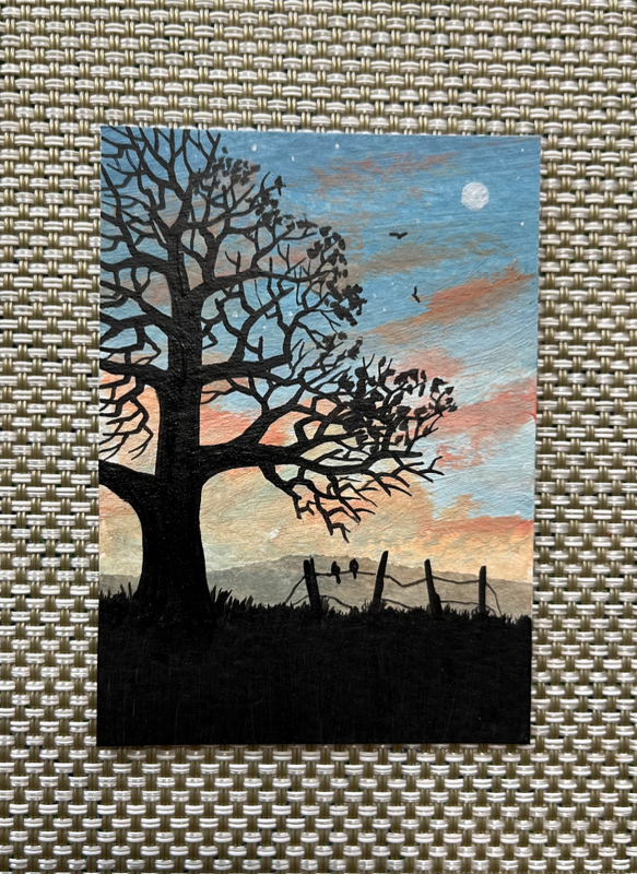 “The Quiet Hours” Fence, Moon, Birds, Tree Silhouette aceo art card