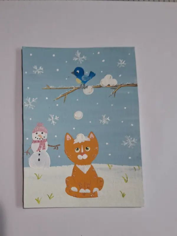 Bird dropping snowball on cat laughing snowman aceo art card