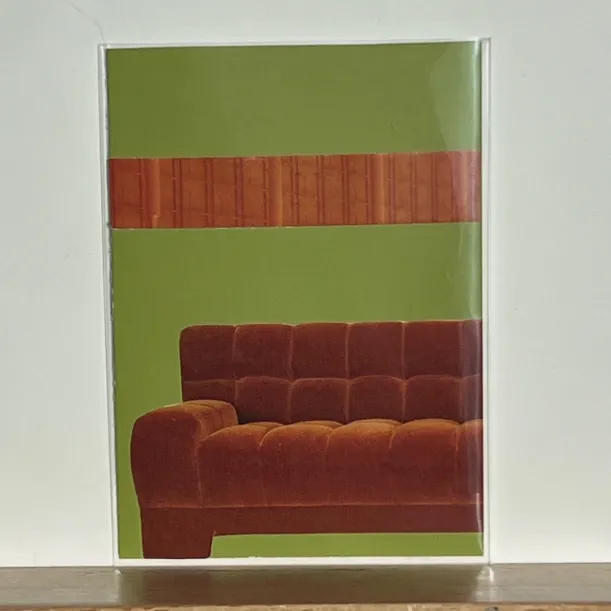 Original ACEO Art - Places to Sit; Modern Furniture Design; Orange Seat;Minimal Green Analog Collage aceo art card