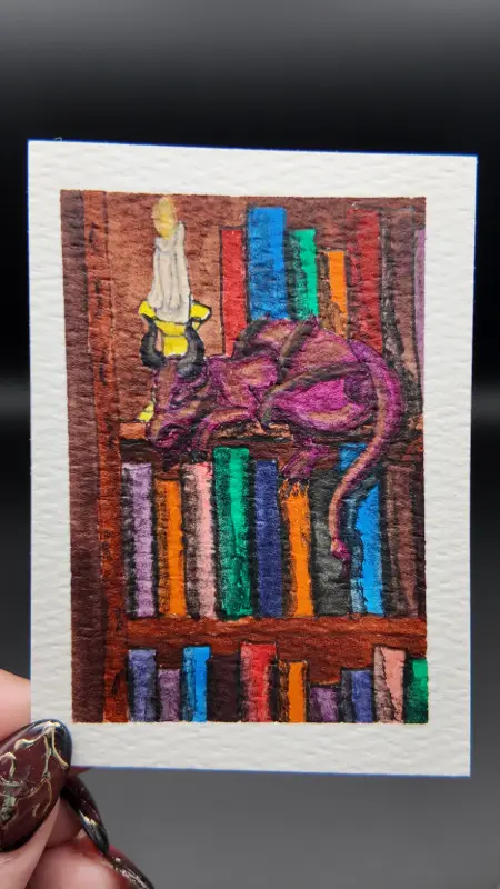 "The Librarian"  Original ACEO — Watercolor & Archival Ink with Metallic Watercolor Detail aceo art card