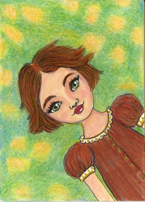 Green-Eyed Girl - ACEO in Colored Pencil, Alcohol Ink, Acrylic aceo art card thumbnail 1