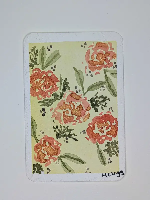 Watercolor Roses on a Yellow Background, with Orange/Green Iridescent Details aceo art card