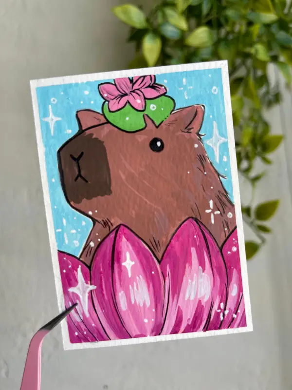 Capybara on a Lotus aceo art card