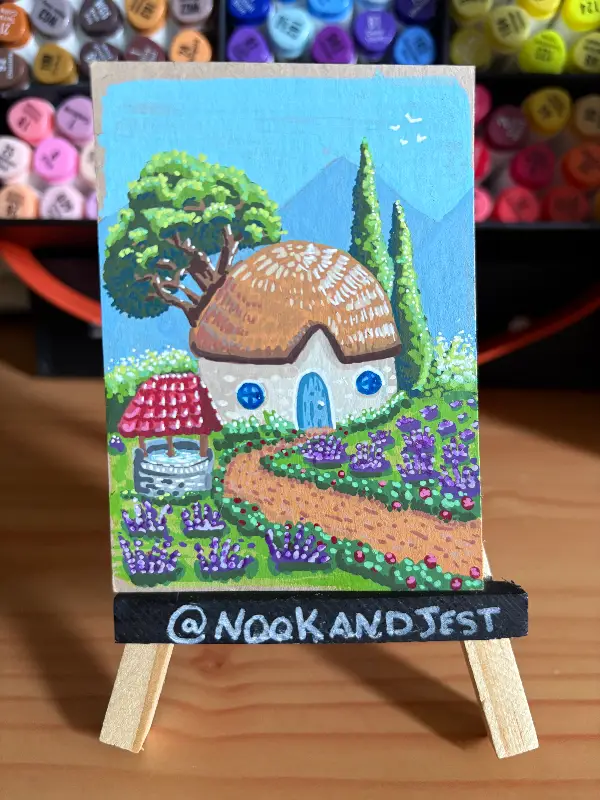 Lavender Cottage - acrylic marker on tan mixed media paper (with glitter effect) aceo art card