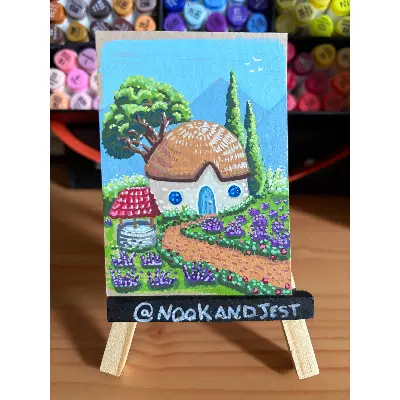 Lavender Cottage - acrylic marker on tan mixed media paper (with glitter effect) aceo art card thumbnail 1