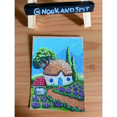 Lavender Cottage - acrylic marker on tan mixed media paper (with glitter effect) aceo art card thumbnail 2