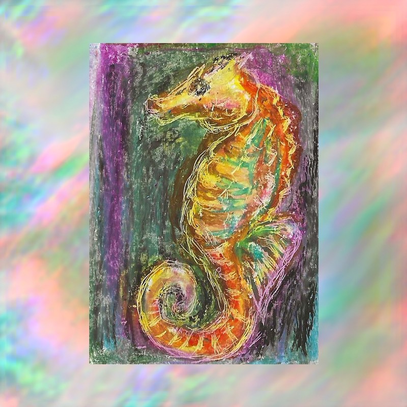 Seahorse #1 Color Oil Pastel on paper JTony aceo art card