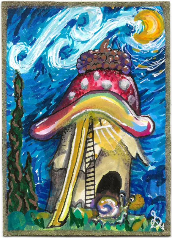 "Acorn Mushroom" | Snail House Under a Moonlit Sky aceo art card