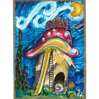 "Acorn Mushroom" | Snail House Under a Moonlit Sky aceo art card thumbnail 1