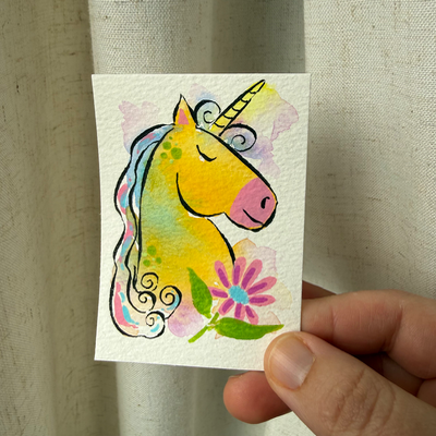Yellow Floral Unicorn aceo art card thumbnail 2