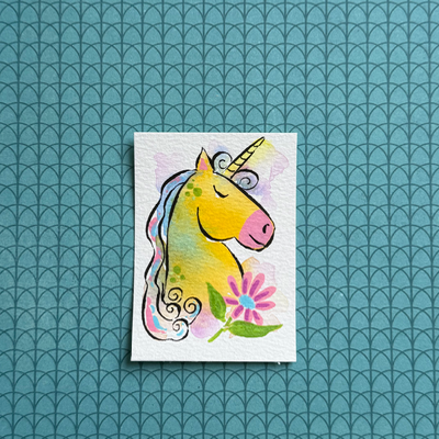 Yellow Floral Unicorn aceo art card thumbnail 1