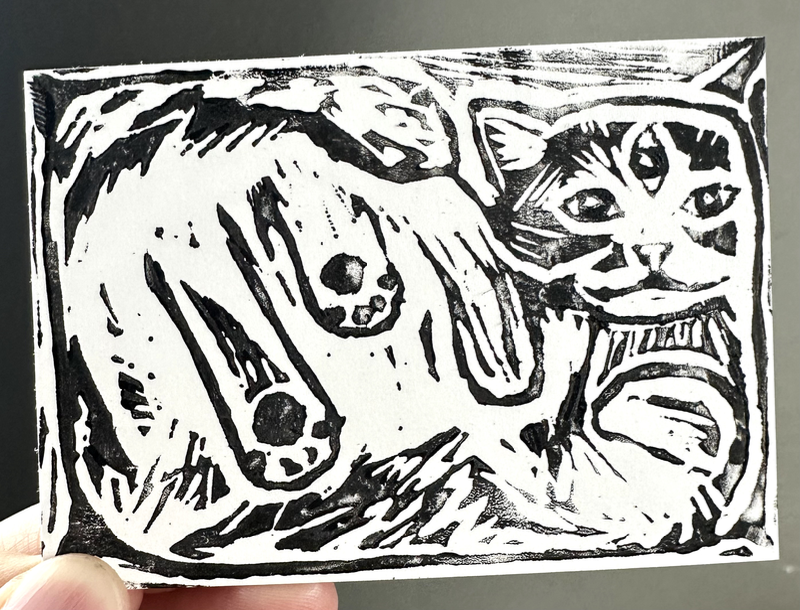 Box Cat Linocut print aceo art card