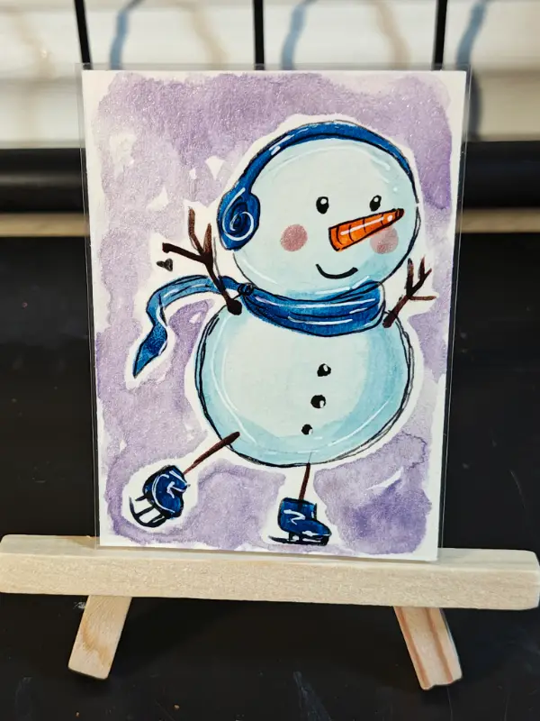 ACEO SnowFriends collectibles Happy Blue Scraft and Earmuffs by Jazmin aceo art card