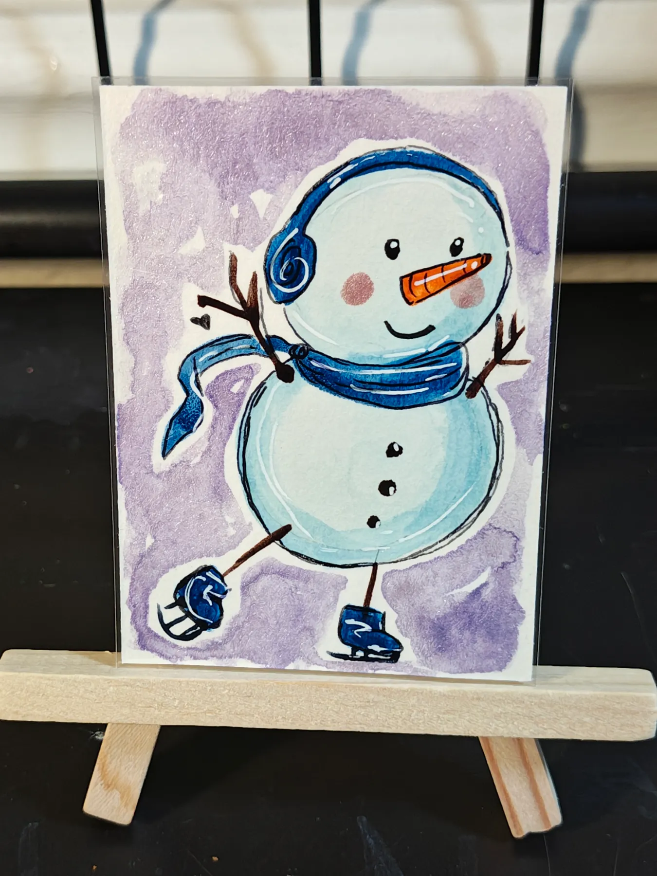 ACEO SnowFriends collectibles Happy Blue Scraft and Earmuffs by Jazmin aceo art card
