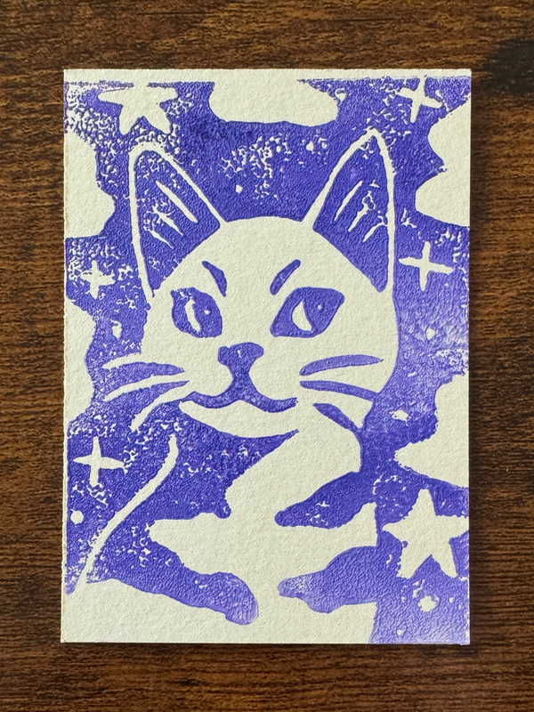 Purple Haze Galaxy Cat Art #2 - Hand-Carved Block Print aceo art card