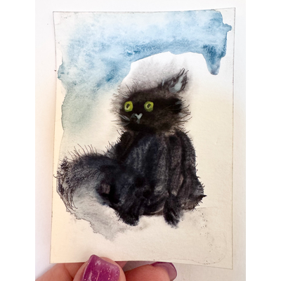Watercolor Cat "I have concerns" aceo art card thumbnail 1